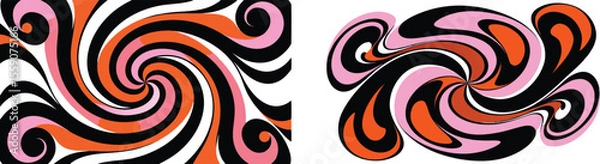 Fototapeta Vector art of two dynamic swirling patterns in orange, pink, and black isolated on transparent background, evoking a retro vibe