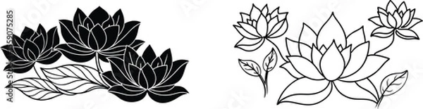 Fototapeta Vector art of set of elegant black and white lotus flower line art illustrations, isolated on transparent background