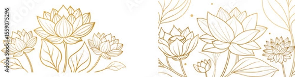 Fototapeta Vector art of set of elegant golden lotus flower line art illustrations, isolated on transparent background