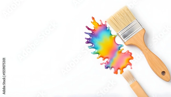 Fototapeta Paintbrushes with vibrant rainbow paint splash on a clean white background, showcasing artistic tools and colorful creativity for design projects and artistic expression