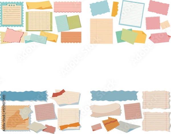 Fototapeta Vector art of a collection of colorful torn paper scraps and notes, isolated on transparent background