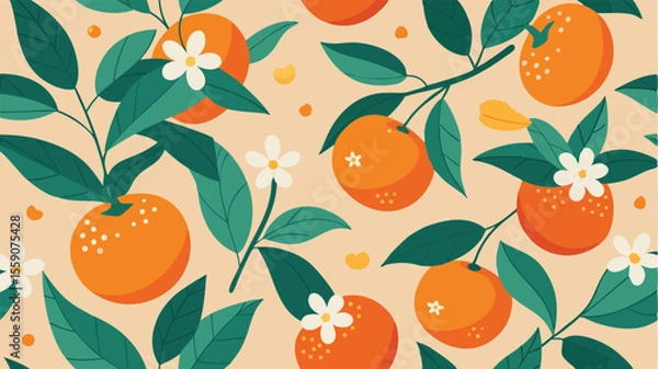 Fototapeta Vector art of a seamless pattern of fresh oranges with white flowers and green leaves isolated on transparent background