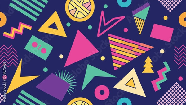 Fototapeta Vector art of a vibrant and playful seamless geometric pattern with bold shapes and bright colors isolated on transparent background