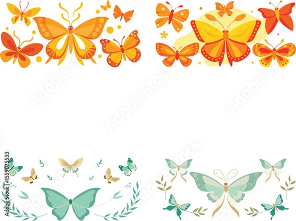 Fototapeta Vector art of two horizontal arrangements of orange and teal butterflies, with smaller butterflies surrounding them, isolated on transparent background