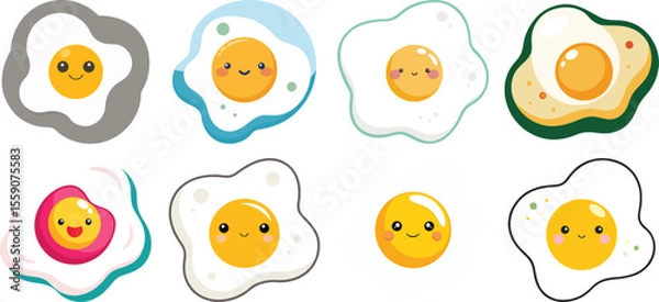 Fototapeta Vector art of a collection of eight cute cartoon fried eggs, each with a unique design and happy expression, isolated on transparent background