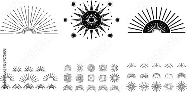 Fototapeta Vector art of a collection of sunburst and starburst vector graphics isolated on transparent background, perfect for logo design and branding