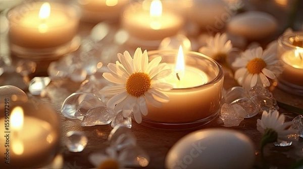 Fototapeta Close-up of chamomile flowers surrounded by smooth crystals and candlelight in tones of earth brown sage and ivory