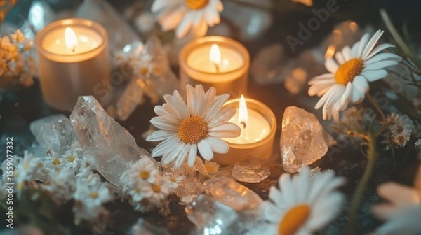 Fototapeta Close-up of chamomile flowers surrounded by smooth crystals and candlelight in tones of earth brown sage and ivory