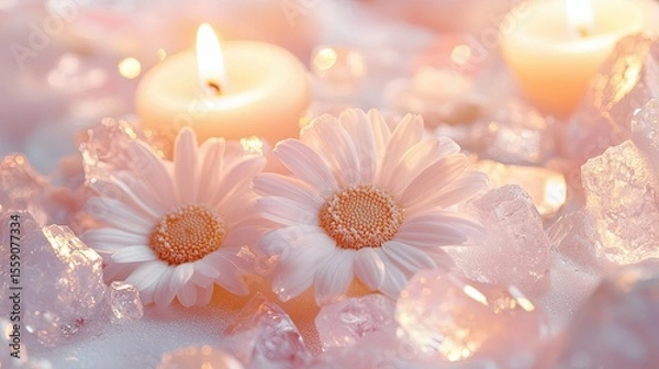 Fototapeta Close-up of chamomile flowers surrounded by smooth crystals and candlelight in tones of rose pink sand beige and pearl white