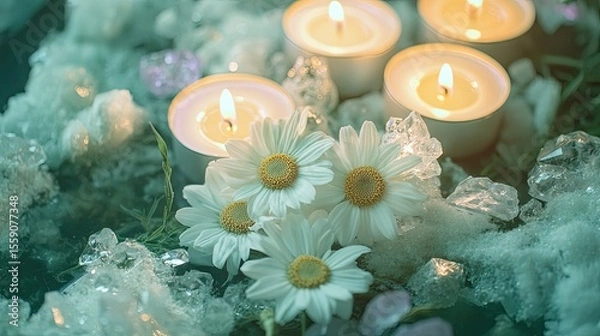 Fototapeta Close-up of chamomile flowers surrounded by smooth crystals and candlelight in tones of lavender cream and moss green
