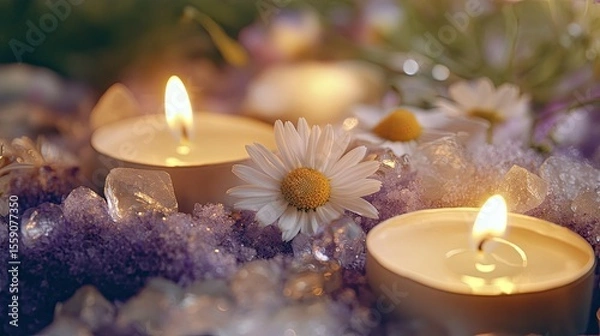 Fototapeta Close-up of chamomile flowers surrounded by smooth crystals and candlelight in tones of lavender cream and moss green