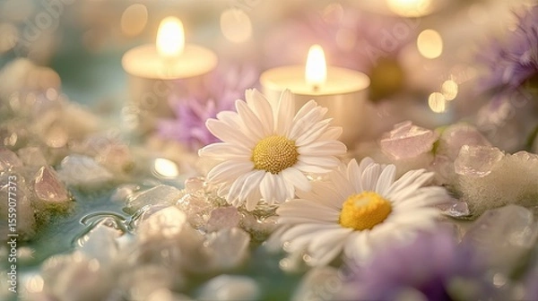 Fototapeta Close-up of chamomile flowers surrounded by smooth crystals and candlelight in tones of lavender cream and moss green