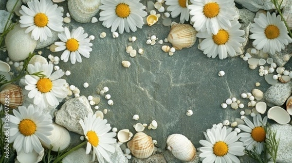 Fototapeta Close-up of chamomile flowers surrounded by stone tiles and tiny shells in tones of olive green wheat and stone white