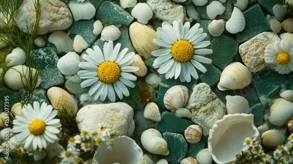 Fototapeta Close-up of chamomile flowers surrounded by stone tiles and tiny shells in tones of olive green wheat and stone white