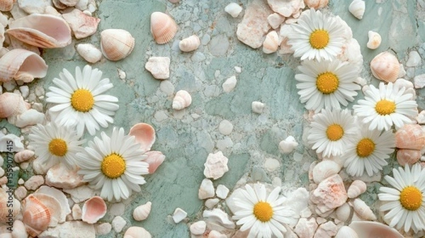 Fototapeta Close-up of chamomile flowers surrounded by stone tiles and tiny shells in tones of pastel peach dusty rose and eucalyptus green