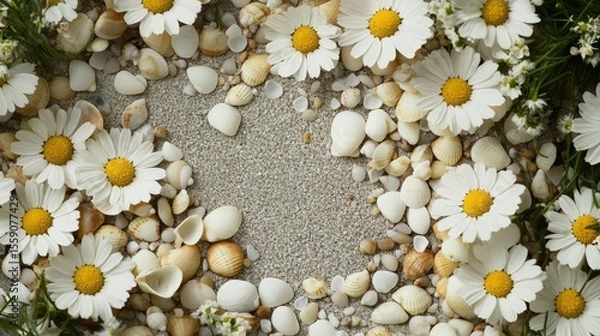 Fototapeta Close-up of chamomile flowers surrounded by stone tiles and tiny shells in tones of olive green wheat and stone white