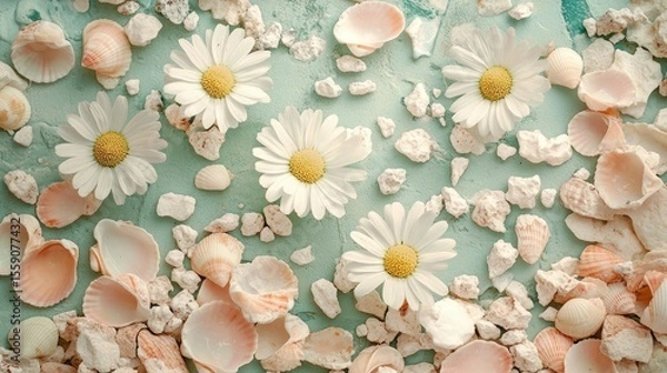 Fototapeta Close-up of chamomile flowers surrounded by stone tiles and tiny shells in tones of pastel peach dusty rose and eucalyptus green
