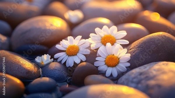 Fototapeta Close-up of chamomile flowers surrounded by sunlight and river stones in tones of deep violet honey and slate grey