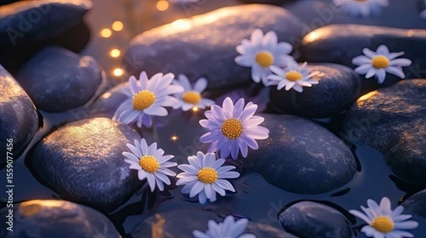 Fototapeta Close-up of chamomile flowers surrounded by sunlight and river stones in tones of deep violet honey and slate grey