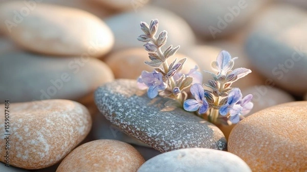 Fototapeta Close-up of clary sage blossoms surrounded by sunlight and river stones in tones of earth brown sage and ivory -