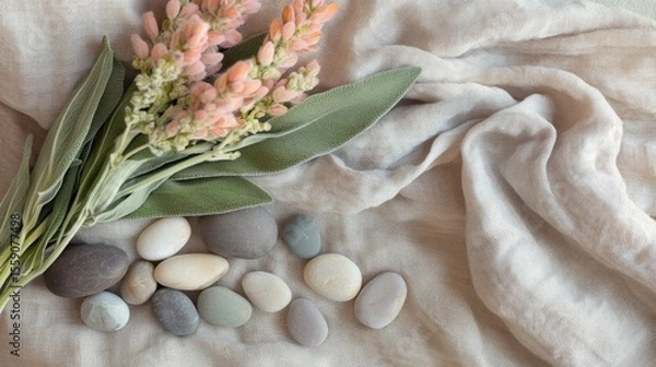 Fototapeta Close-up of clary sage blossoms surrounded by linen cloth and pebbles in tones of pastel peach dusty rose and eucalyptus green