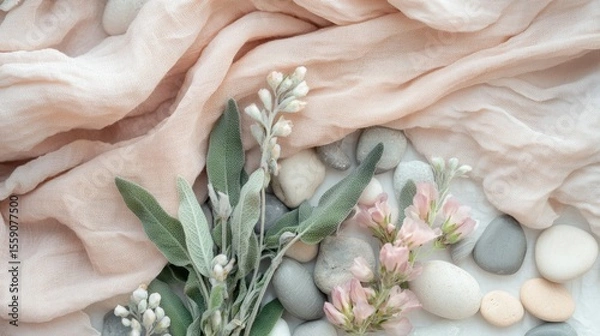 Fototapeta Close-up of clary sage blossoms surrounded by linen cloth and pebbles in tones of pastel peach dusty rose and eucalyptus green
