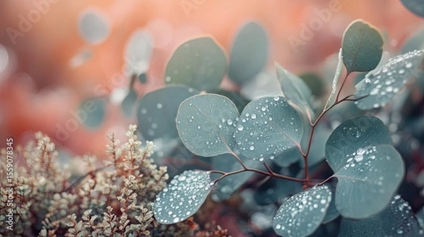 Fototapeta Close-up of eucalyptus leaves surrounded by dewdrops and soft moss in tones of pastel peach dusty rose and eucalyptus green