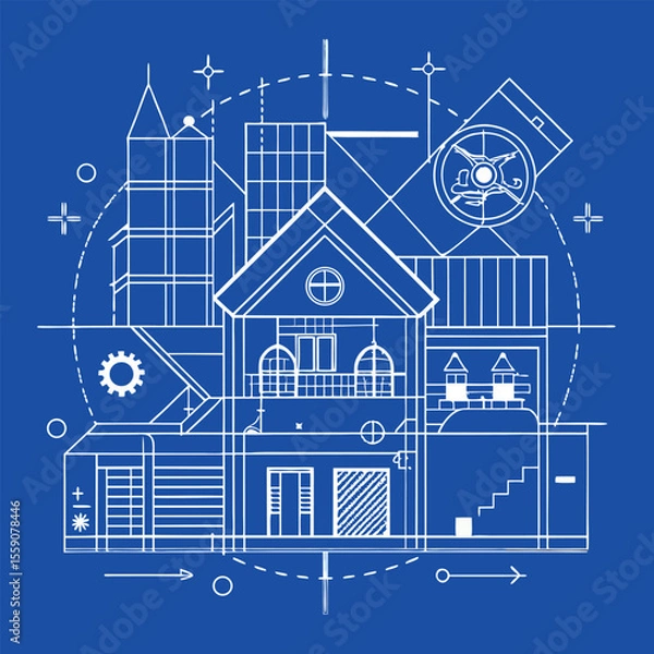 Fototapeta "Architectural Blueprint Background with White Line Drawings on Blue or White"