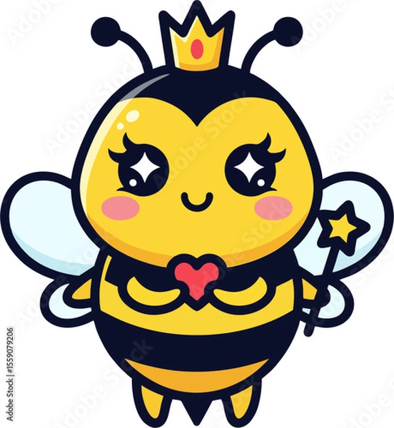 Obraz Cute Cartoon Queen Bee Holding Heart and Magic Wand – Kawaii Insect Vector Illustration