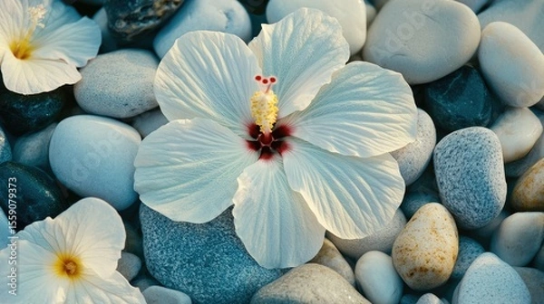 Fototapeta Close-up of hibiscus petals surrounded by sunlight and river stones in tones of cool grey mint and linen white