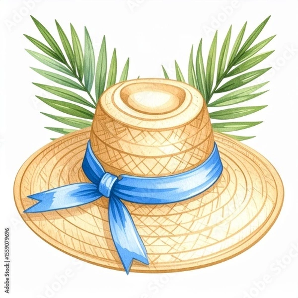 Obraz Beige Straw Hat with Blue Ribbon and Palm Leaves