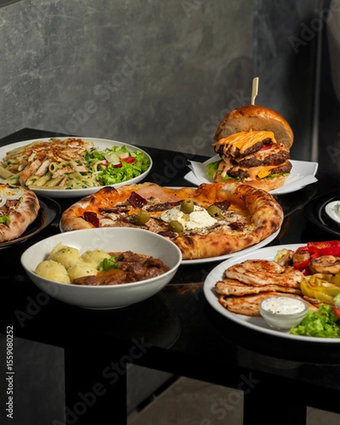 Fototapeta Table scene with a variety of delicious foods. Angled and perspective View over a dark wood background.