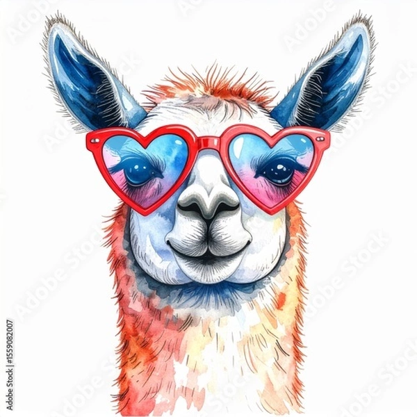 Obraz Watercolor Llama Portrait with Heart Sunglasses
