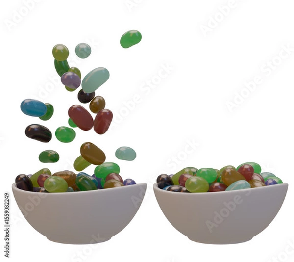Fototapeta 3d render of jelly beans falling into bowl beside full candy dish on transparent background, colorful sweet treat explosion in motion