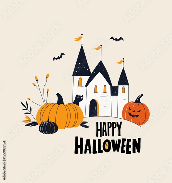 Fototapeta Haunted Halloween Castle with Pumpkins and Bats Spooky Vector Greeting Card