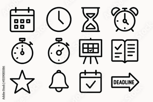 Obraz 12 black time icons. Solid vector for schedule, planning, and productivity.