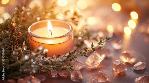 Fototapeta Close-up of thyme sprigs surrounded by smooth crystals and candlelight in tones of warm gold soft orange and blush pink