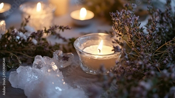 Fototapeta Close-up of thyme sprigs surrounded by smooth crystals and candlelight in tones of lavender cream and moss green