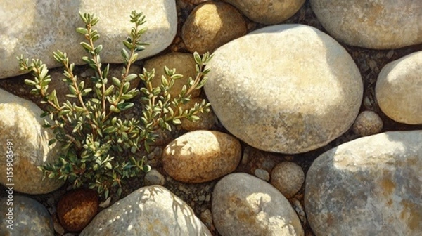 Fototapeta Close-up of thyme sprigs surrounded by sunlight and river stones in tones of earth brown sage and ivory