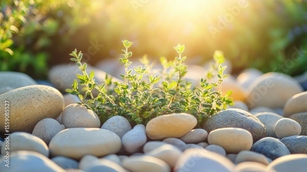 Fototapeta Close-up of thyme sprigs surrounded by sunlight and river stones in tones of soft green pale yellow and clear tones