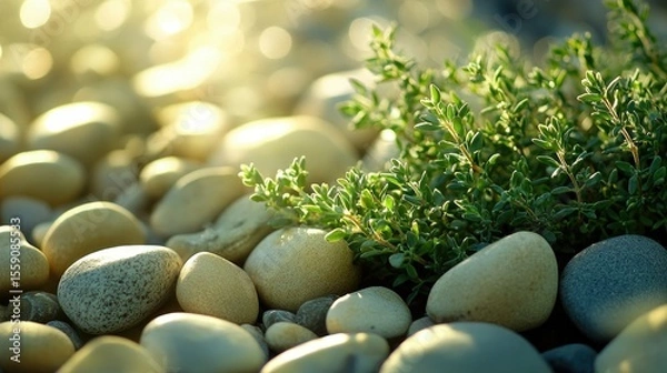 Fototapeta Close-up of thyme sprigs surrounded by sunlight and river stones in tones of soft green pale yellow and clear tones