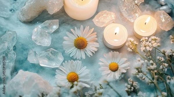 Fototapeta Close-up of wild daisies surrounded by smooth crystals and candlelight in tones of cool grey mint and linen white