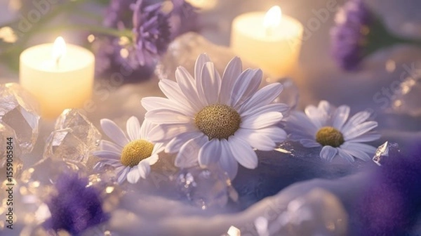 Fototapeta Close-up of wild daisies surrounded by smooth crystals and candlelight in tones of lavender cream and moss green