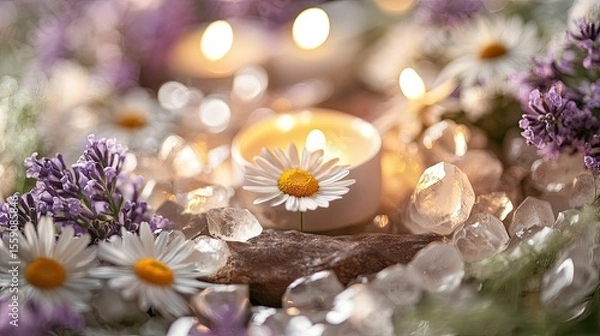 Fototapeta Close-up of wild daisies surrounded by smooth crystals and candlelight in tones of lavender cream and moss green