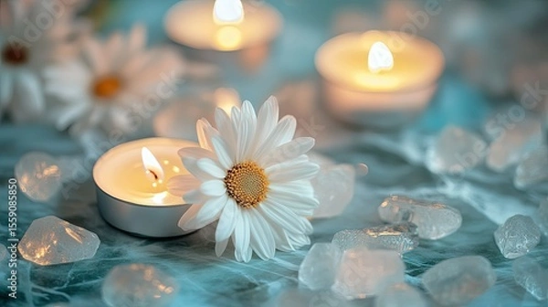 Fototapeta Close-up of wild daisies surrounded by smooth crystals and candlelight in tones of cool grey mint and linen white