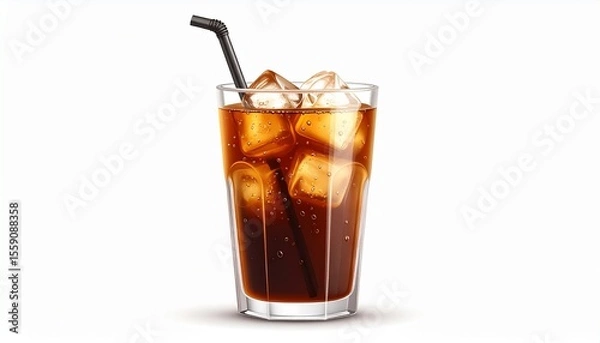 Fototapeta A refreshing glass of cola with ice cubes and a black straw.