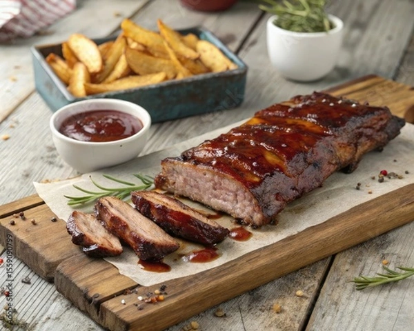 Fototapeta Glazed pork ribs with barbecue sauce and potato wedges image