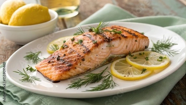 Fototapeta Grilled salmon with lemon and dill fish seafood