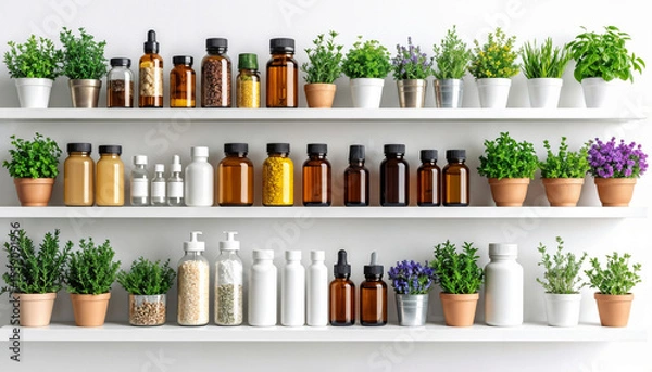 Fototapeta Herb and Spice Collection Displayed on Wooden Shelves