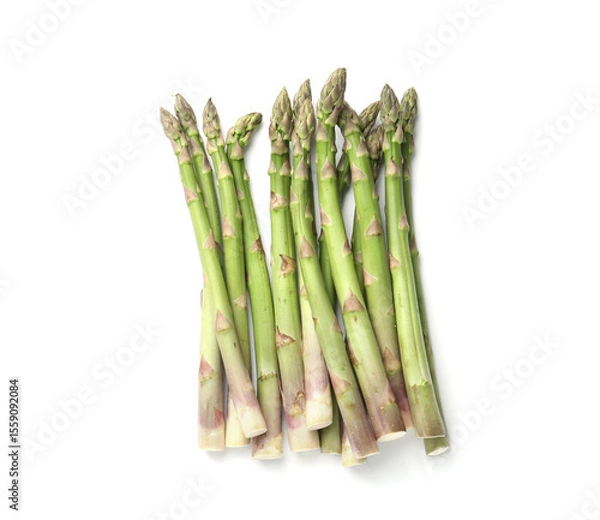 Fototapeta Fresh ripe raw asparagus isolated on white, top view